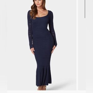 Bebe Blue Ribbed Sheath Dress Long Sleeve Cocktail